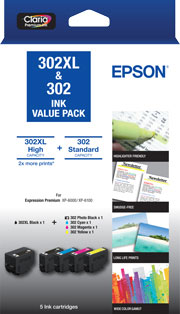 Epson 302XL Black + 302 Std Colour (PB, C, M, Y) - Ink Cartridge Value Pack